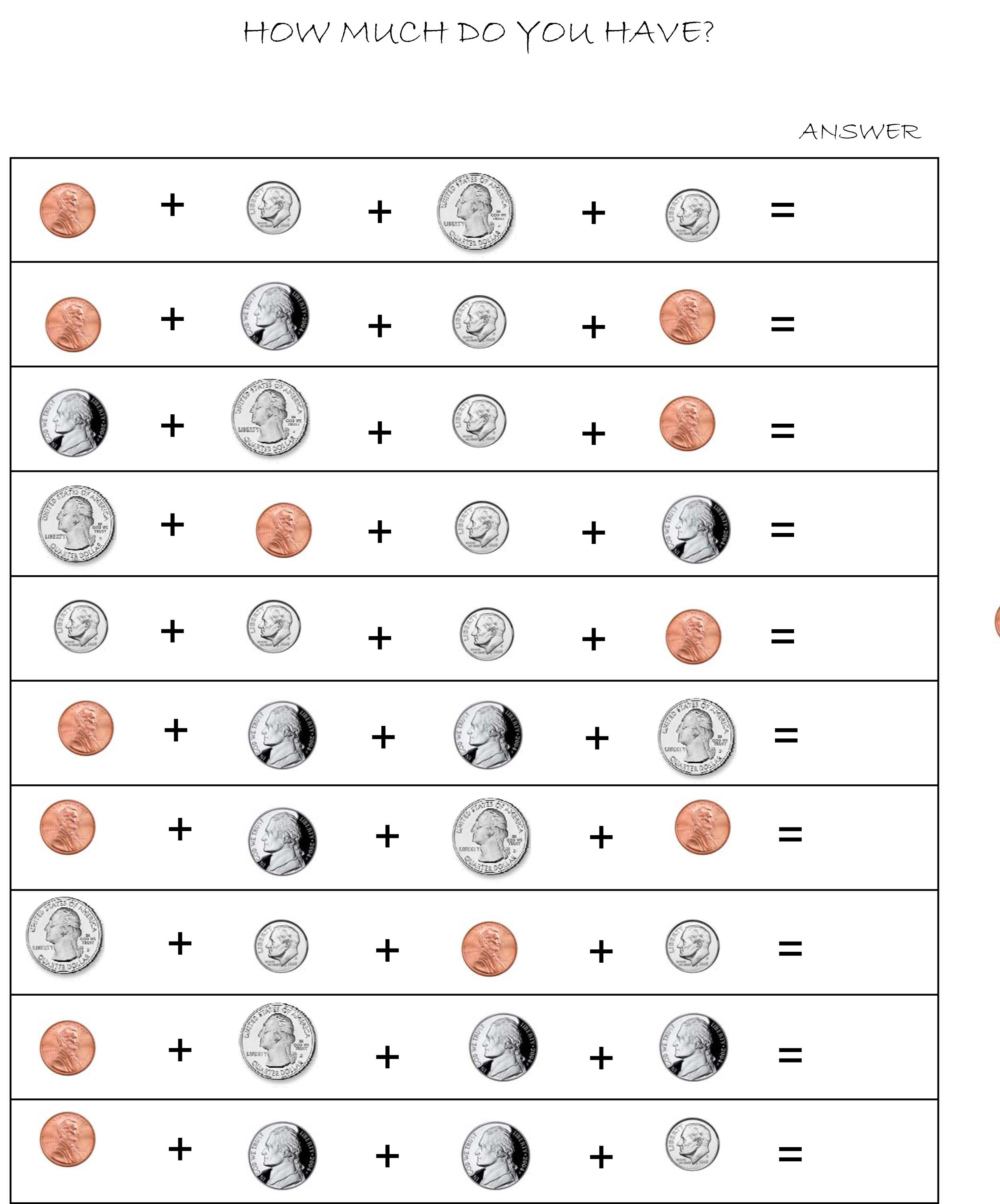 Values Of Coins Worksheet